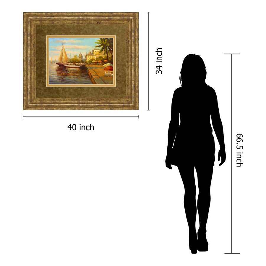 Classy Living Harbor Serenity Wall Art 40x34in | Transitional Gilded Radiance MDF Frame with Glass | Living Room & Office Coastal Decor | Model DM5127
