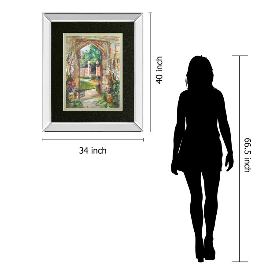 Classy Living Garden Gate 34x40in Wall Art | Transitional Mirrored Frame Botanical Painting | Living Room & Bedroom Decor | 34 x 40 x 3 in | Model DM5905MF