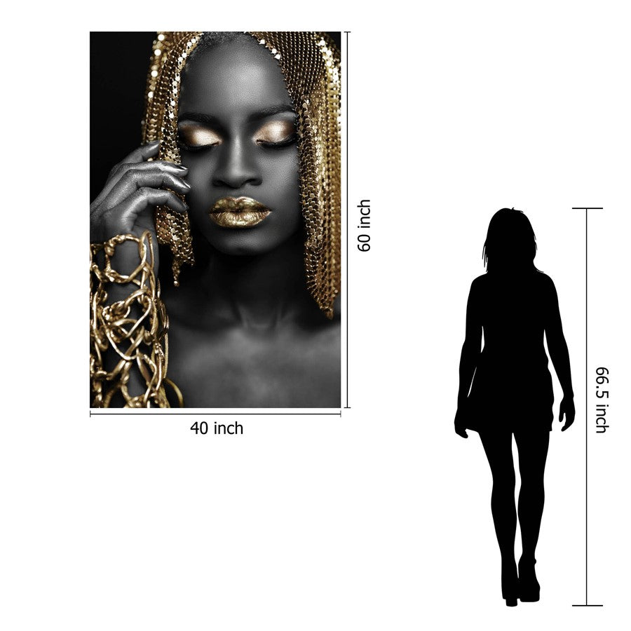 Classy Living Woman Gold Hair 40x60 Frameless Glass Wall Art | Contemporary Black and Gold Portrait | Living Room & Office Decor | 40 x 60 | Model SF1352