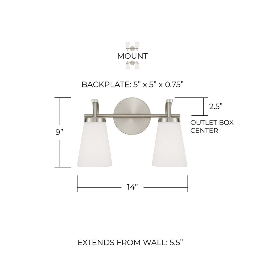Homeplace Lighting Drake 2Lt Vanity, Nickel/Soft White Glass