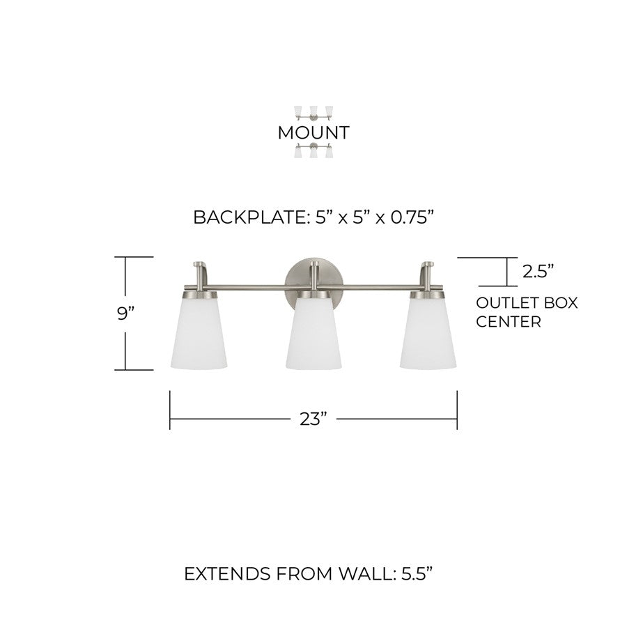 Homeplace Lighting Drake 3Lt Vanity, Nickel/Soft White Glass