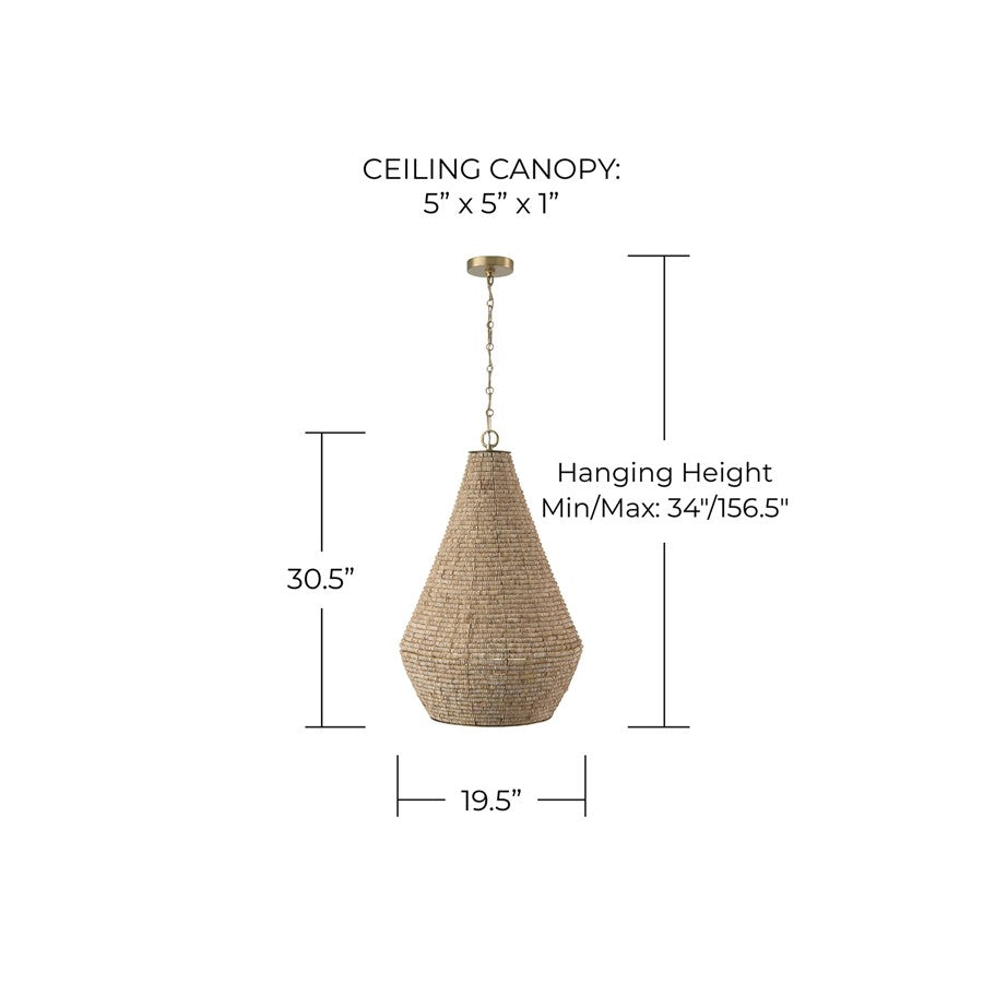 Capital Lighting Morada 1Lt 20" Pendant, Lt Fawn/Brass/White Globe