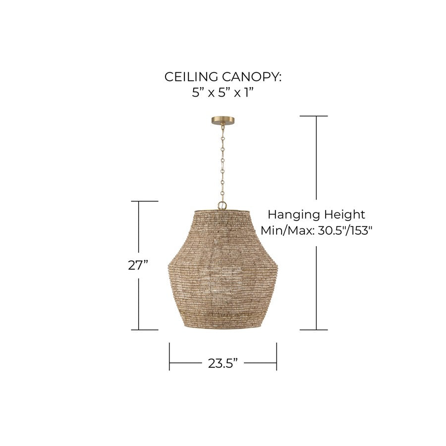 Capital Lighting Morada 1Lt 27" Pendant, Fawn/Brass/White Globe