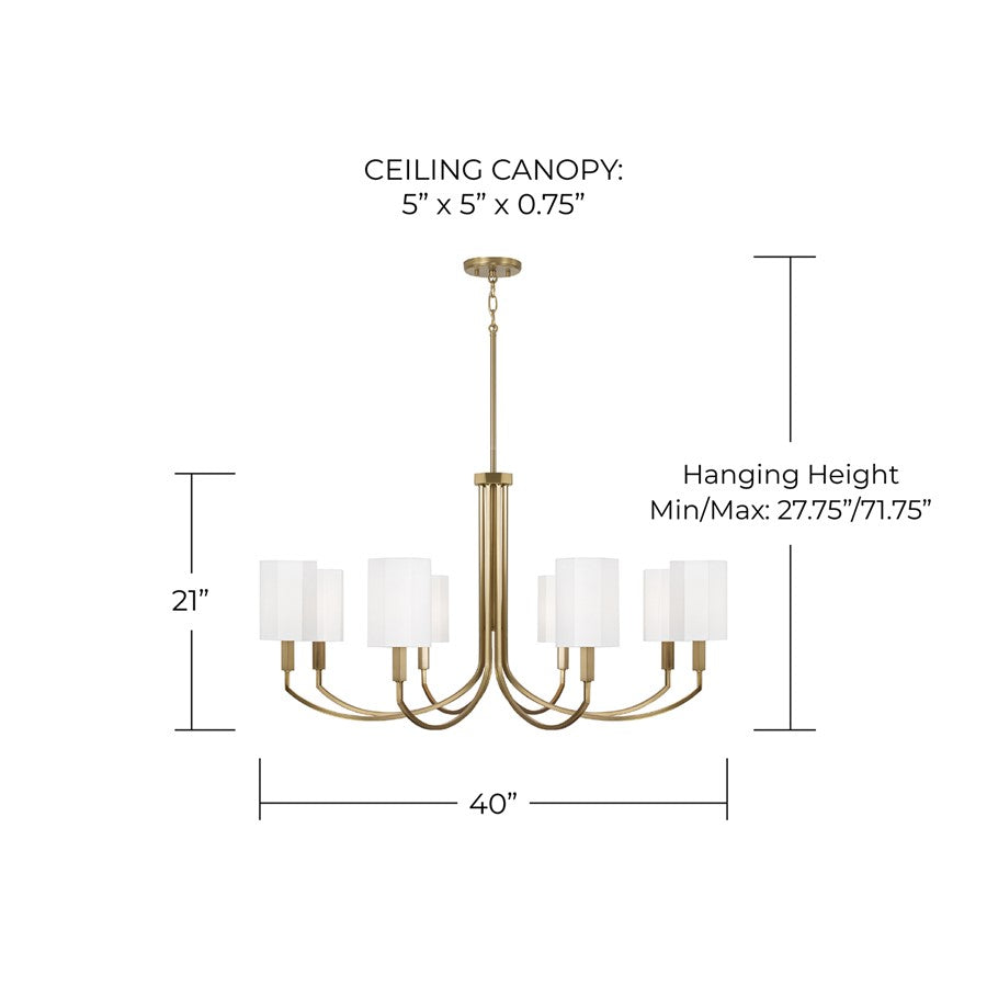 Capital Lighting Adrian 8Lt Chandelier, Aged Brass/White Fabric