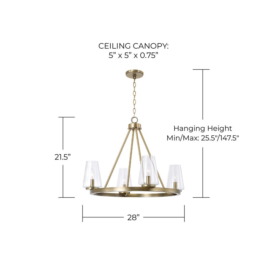 Homeplace Lighting Aaron 4Lt Chandelier, Aged Brass/Clear Glass