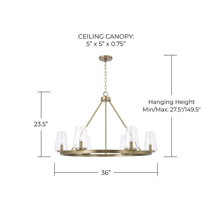 Homeplace Lighting Aaron 6Lt Chandelier, Aged Brass/Clear Glass