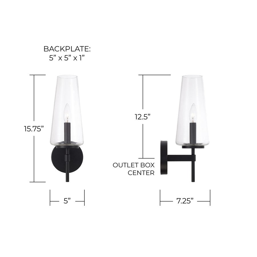 Homeplace Lighting Aaron 1 Light Sconce, Matte Black/Clear Glass