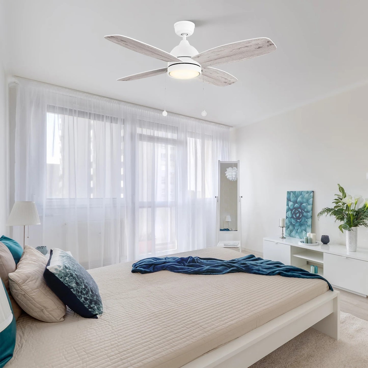 Carro Greenwood 48in 4-Blade Ceiling Fan | White Washed Plywood Blades and Integrated LED | Living Room & Bedroom | 48 x 48 x | Model CFP484Q5-L11-WP-1