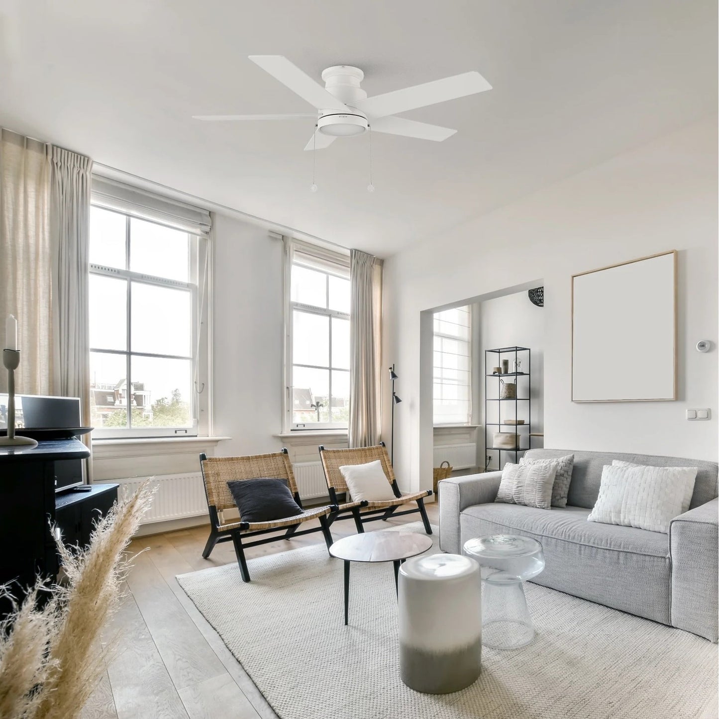 Carro Ascott 52in 5-Blade Flush Mount Ceiling Fan | White Plywood Blades and Integrated LED | Low Ceiling Bedroom & Living | Model CFP525E5-L11-W1-1-FM