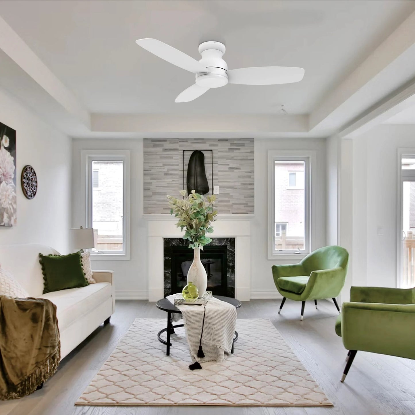 Carro Stanley 48in 3-Blade Flush Mount Ceiling Fan | White Plywood Blades | Low Ceiling Living Room & Bedroom | 48 x 48 x 10.8 | Model CFR483Q-N10-W1-1-FM
