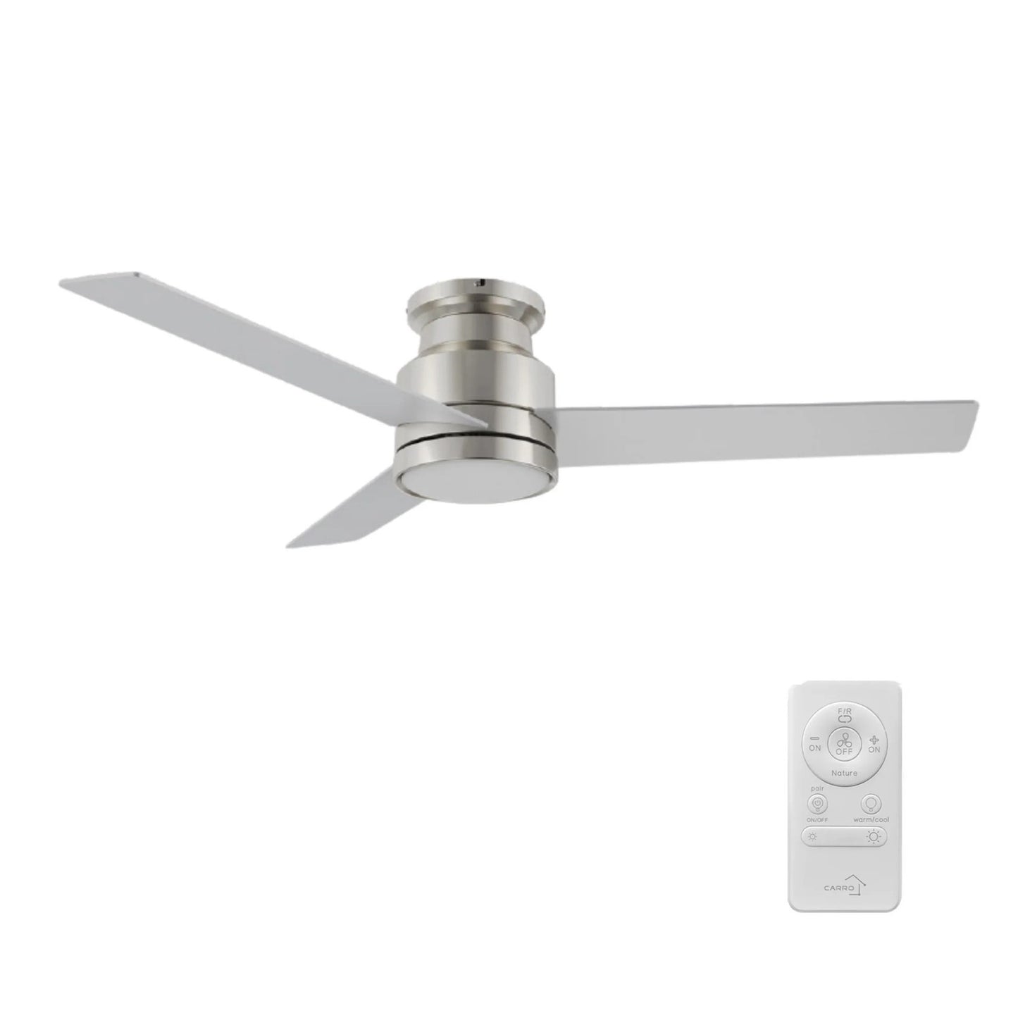 Carro Santana 52in 3-Blade Flush Ceiling Fan | Brushed Nickel Plywood Blades | Living Room & Bedroom | 52 x 52 x 11 in, DC | Model CFR523E5-L12-SJ-1-FM