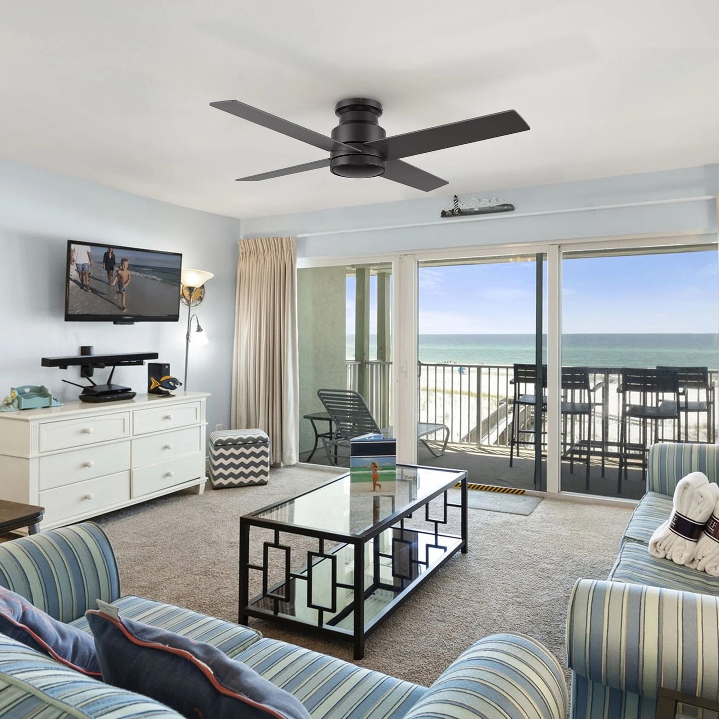 Carro Santana 52in 4-Blade Flush Mount Ceiling Fan | Modern Black Plywood Blades | Living Room & Bedroom | 52 x 52 x 11 in | Model CFR524E5-N10-B2-1-FM