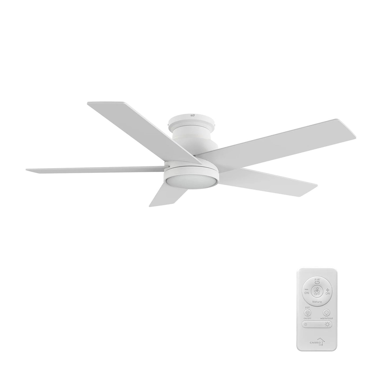 Carro Santana 52in 5-Blade Flush Mount Ceiling Fan | White Plywood Blades and Integrated LED | Living Room & Bedroom | 52 x | Model CFR525E5-L11-W1-1-FM