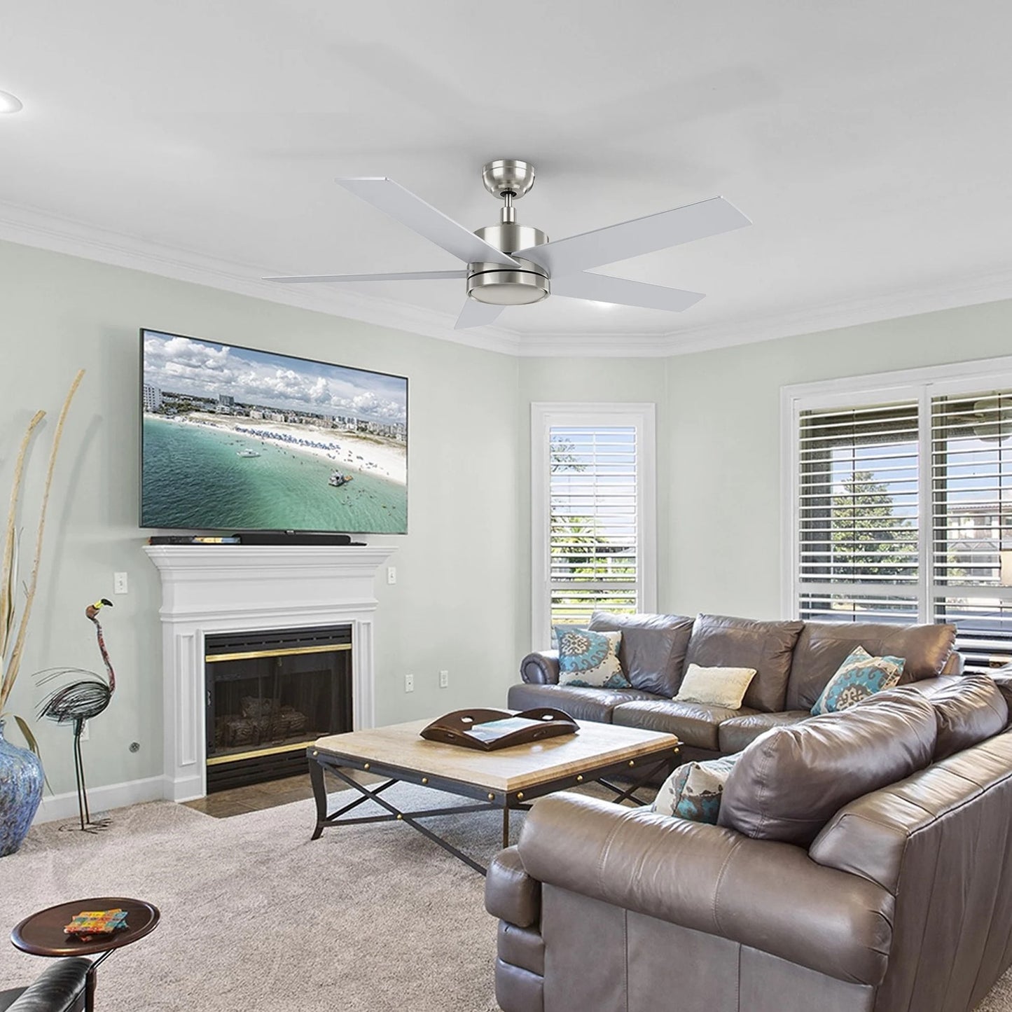 Carro Santana 52in 5-Blade Ceiling Fan | Brushed Nickel Plywood Blades and Remote Control | Living Room & Bedroom | 52 x 52 x 15 | Model CFR525E5-N10-SJ-1