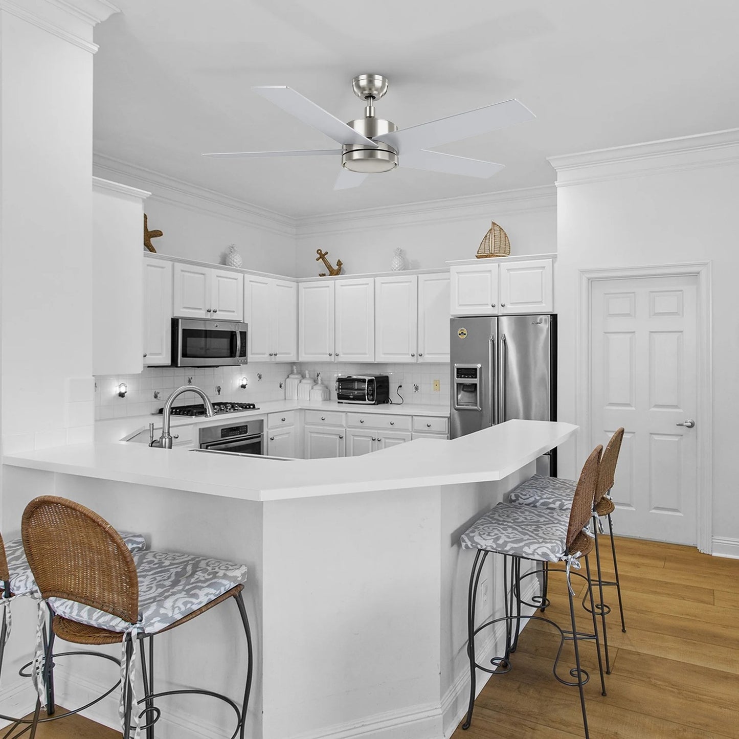 Carro Santana 52in Ceiling Fan | Modern Brushed Nickel Plywood Blades | Indoor Living Room & Bedroom | 52 x 52 x 15 in, DC | Model CFW525E5-N10-SJ-1