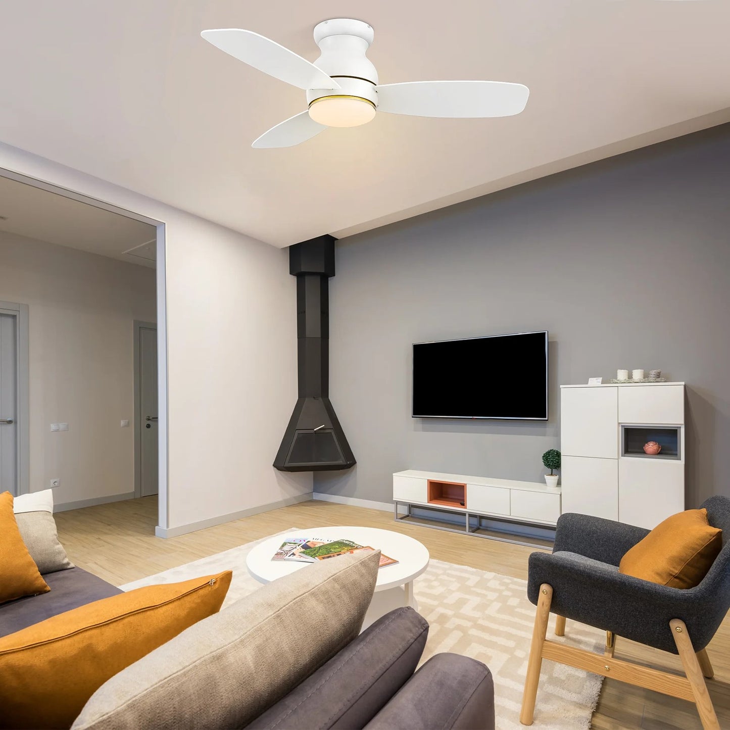 Carro Trento 44in 3-Blade Flush Mount Smart Ceiling Fan | White Motor and White Plywood Blades | Living Room & Covered Patio | Model SFR443Q-L12-W1-1-FM