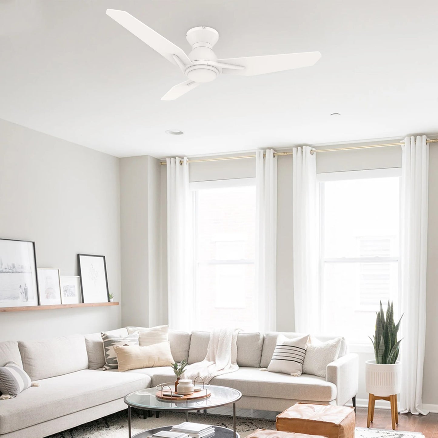 Carro Calen 48in 3-Blade Flush Mount Smart Ceiling Fan | Modern White Plywood and Integrated LED | Living Room & Covered | Model SFR483J3-L11-W1-1-FM