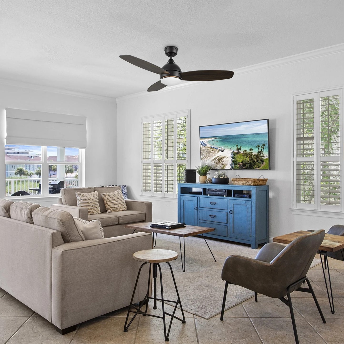 Carro Hobart 48in 3-Blade Smart Ceiling Fan | Black Barnwood Plywood Blades and Integrated LED | Large Living Room & Covered | Model SFR483Q6-L12-BG-1