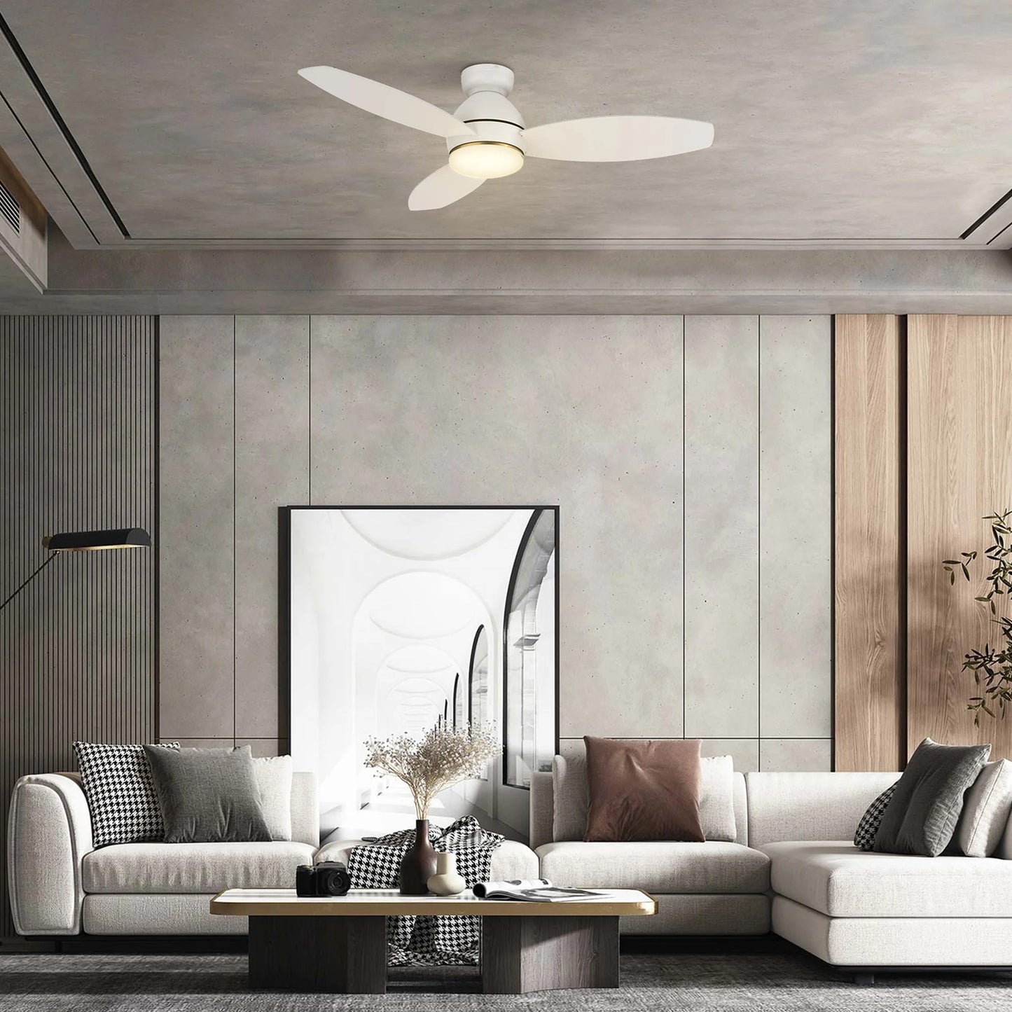 Carro Hobart 48in 3-Blade Flush Mount Smart Ceiling Fan | White Plywood Blades and Integrated LED | Large Living Room & | Model SFR483Q6-L12-W1-1-FM