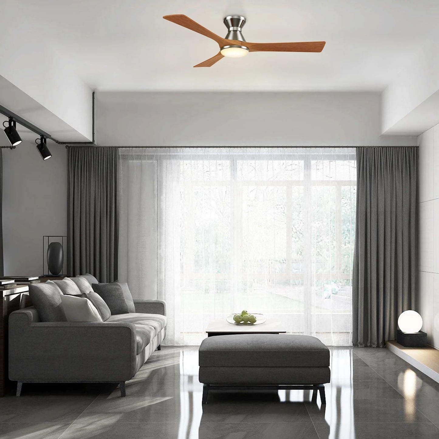 Carro Nicolet 52in 3-Blade Flush Mount Smart Ceiling Fan | Brushed Nickel and Antique Walnut Solid Wood Blades | Living Room | Model SFR523A2-L12-SM2-1-FM