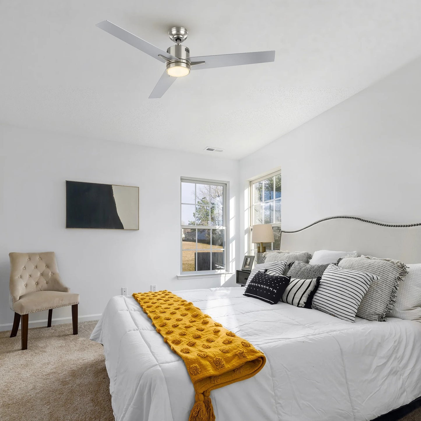 Carro Montgomery 52in 3-Blade Smart Ceiling Fan | Modern Brushed Nickel Silver and Plywood Blades | Living Room & Bedroom | 52 x | Model SFR523G3-L11-SJ-1