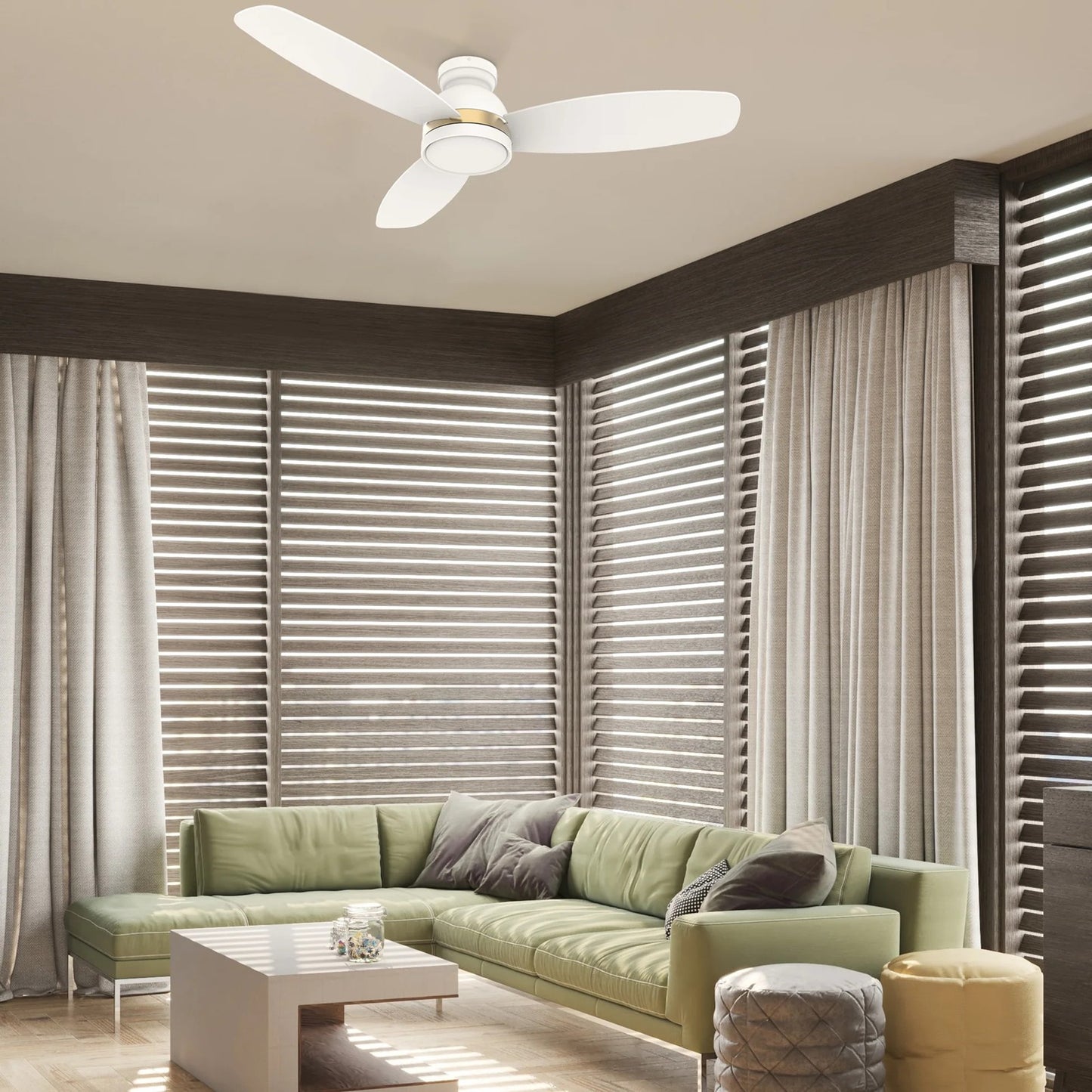 Carro Fremont 52in 3-Blade Flush Mount Smart Ceiling Fan | Modern White Gold and Plywood | Living Room & Covered Patio | 52 | Model SFR523Q5-L12-W1-1-FMA