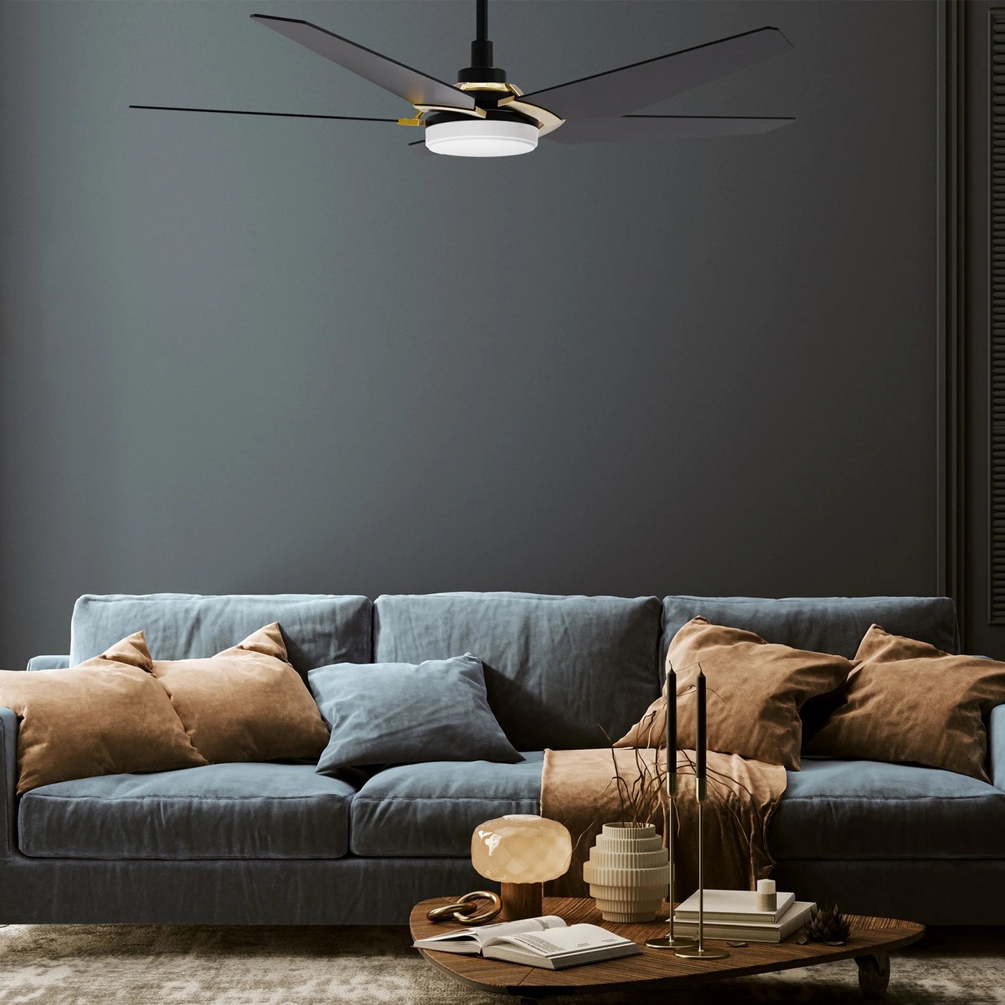 Carro Kaj 52in 5-Blade Smart Ceiling Fan | Black Gold Plywood Blades and Glass Shade with Integrated LED | Living Room & Bedroom | Model SFR525B-L22-B2-1G