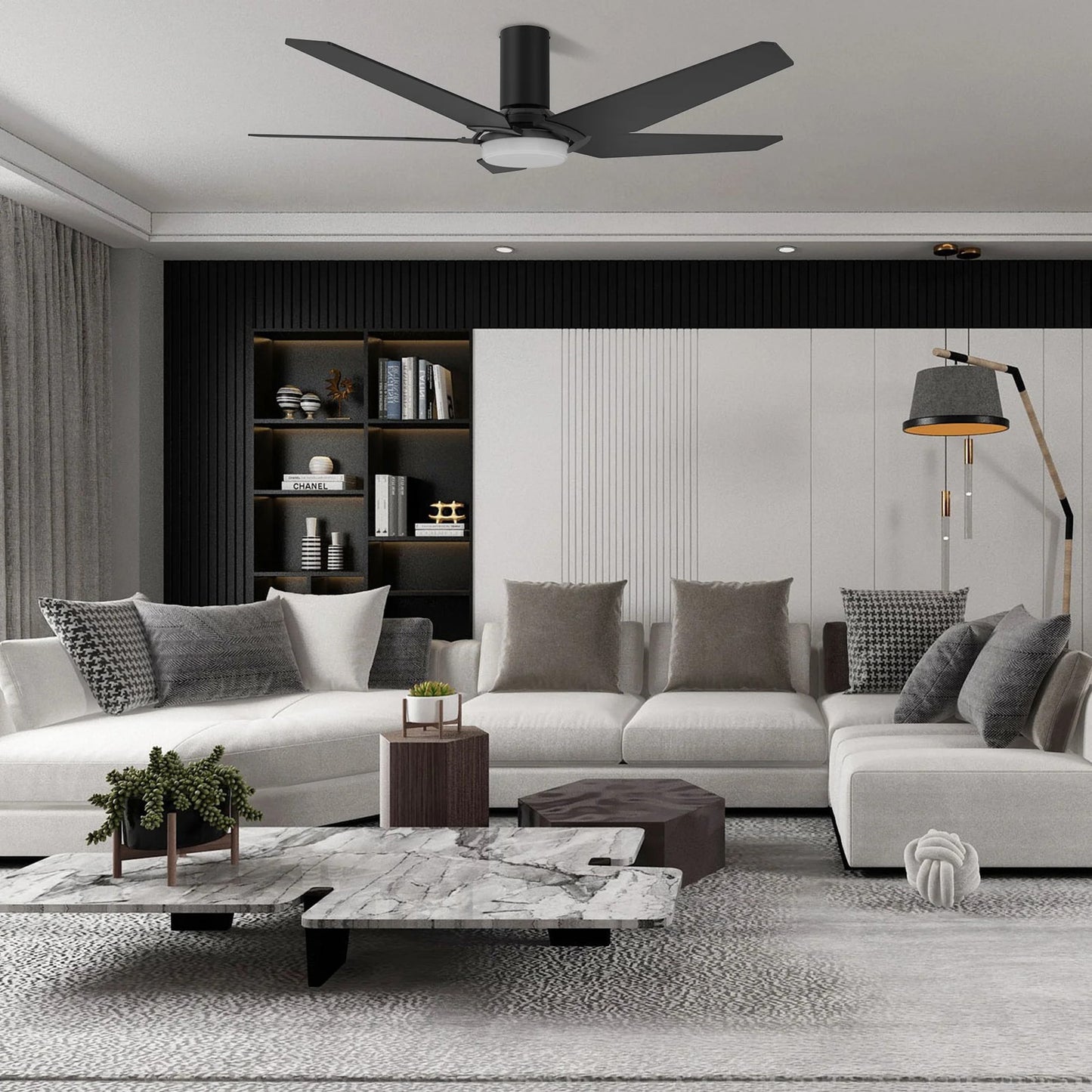 Carro Kaj 52in 5-Blade Flush Mount Smart Ceiling Fan | Modern Black Walnut Plywood and Glass LED | Living Room & Covered Patio | Model SFR525B-L22-B5-1-FM