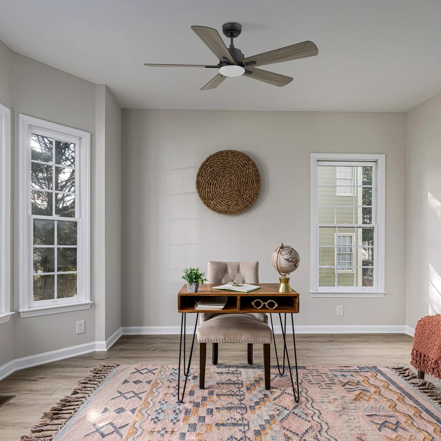 Carro Olinda 52in 5-Blade Smart Ceiling Fan | Black Barnwood Plywood | Living Room & Covered Patio | 52 x 52 x 14.4 in | Model SFR525E3-L12-BG-1