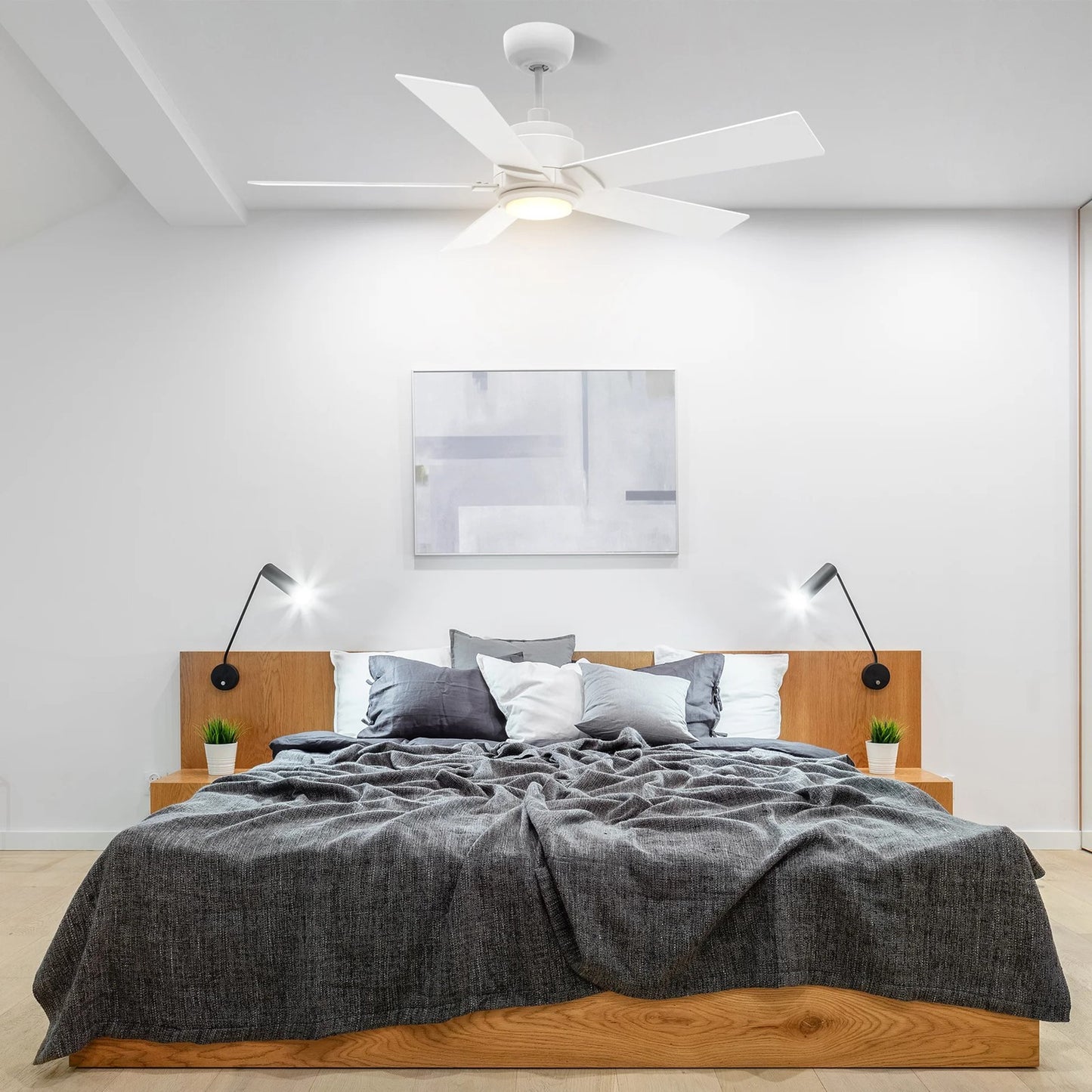 Carro Ascender 56in 5-Blade Smart Ceiling Fan | Modern White Plywood Blades | Living Room & Covered Patio | 14.7 x 56 x 56 in | Model SFR565J1-L11-W1-1