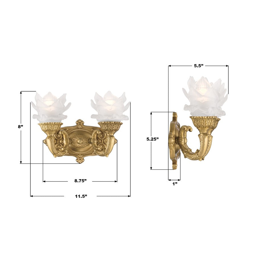 Crystorama Mayfield 2 Light 11.5" Sconce, Aged Brass/Frosted