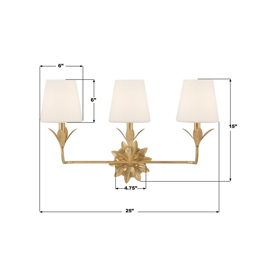 Crystorama Broche 3 Light Bathroom Vanity, Gold/White