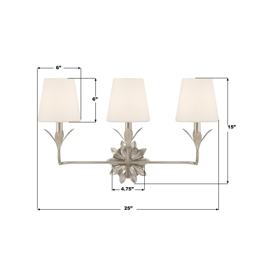 Crystorama Broche 3 Light Bathroom Vanity, Silver/White