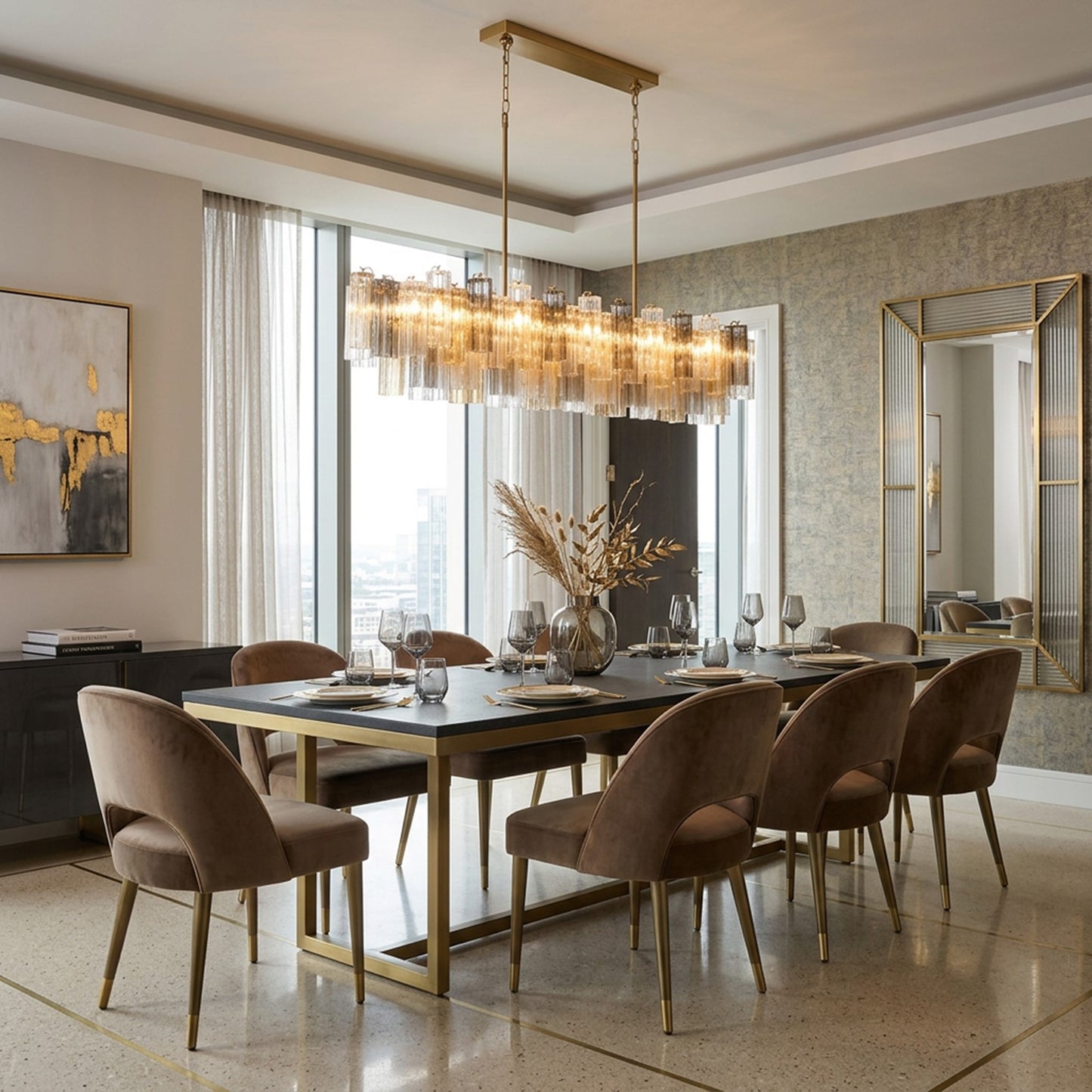 Crystorama Addis 65in 16-Light Linear Chandelier | Mid-Century Aged Brass Steel and Autumn Tronchi Glass | Kitchen Island & Dining Room | Model ADD-337-AG-AU