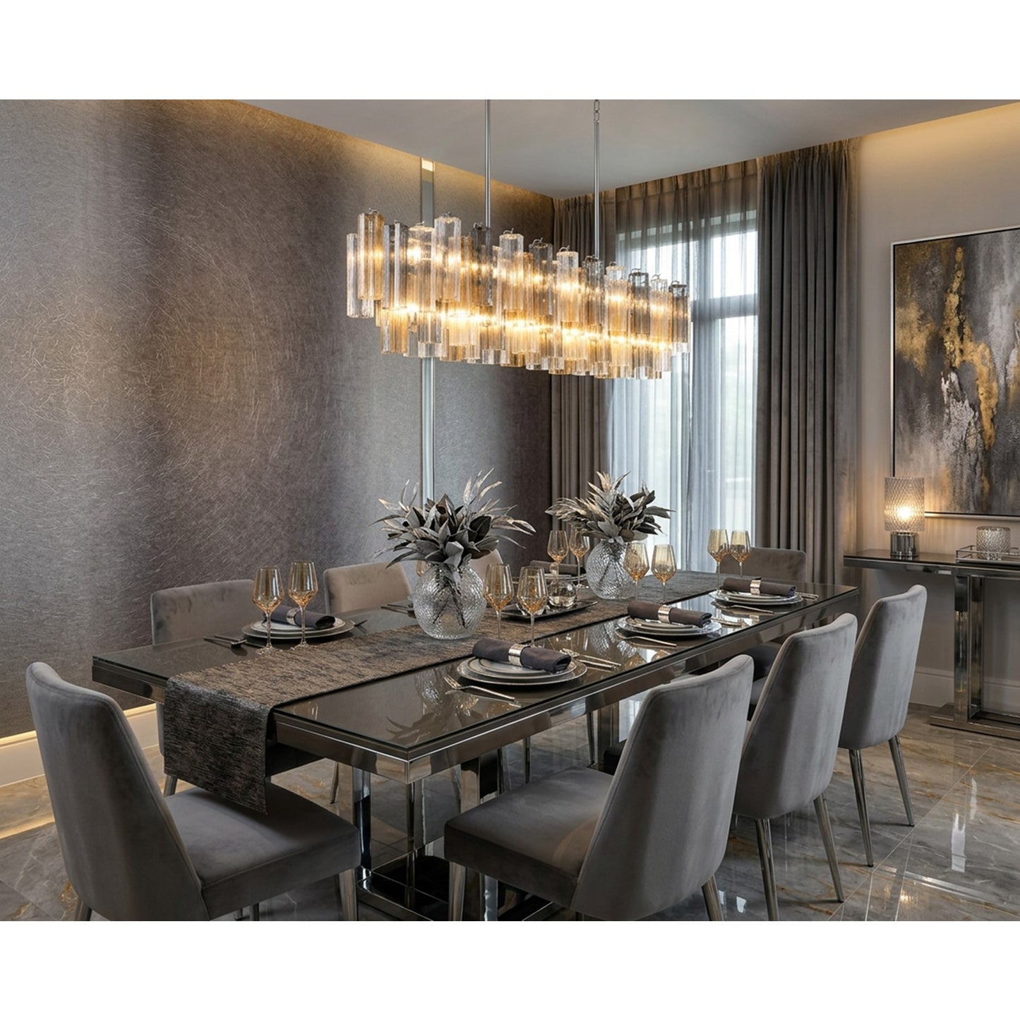 Crystorama Addis 65in 16-Light Linear Chandelier | Mid-Century Polished Chrome and Autumn Tronchi Glass | Dining Room & Kitchen Island | Model ADD-337-CH-AU