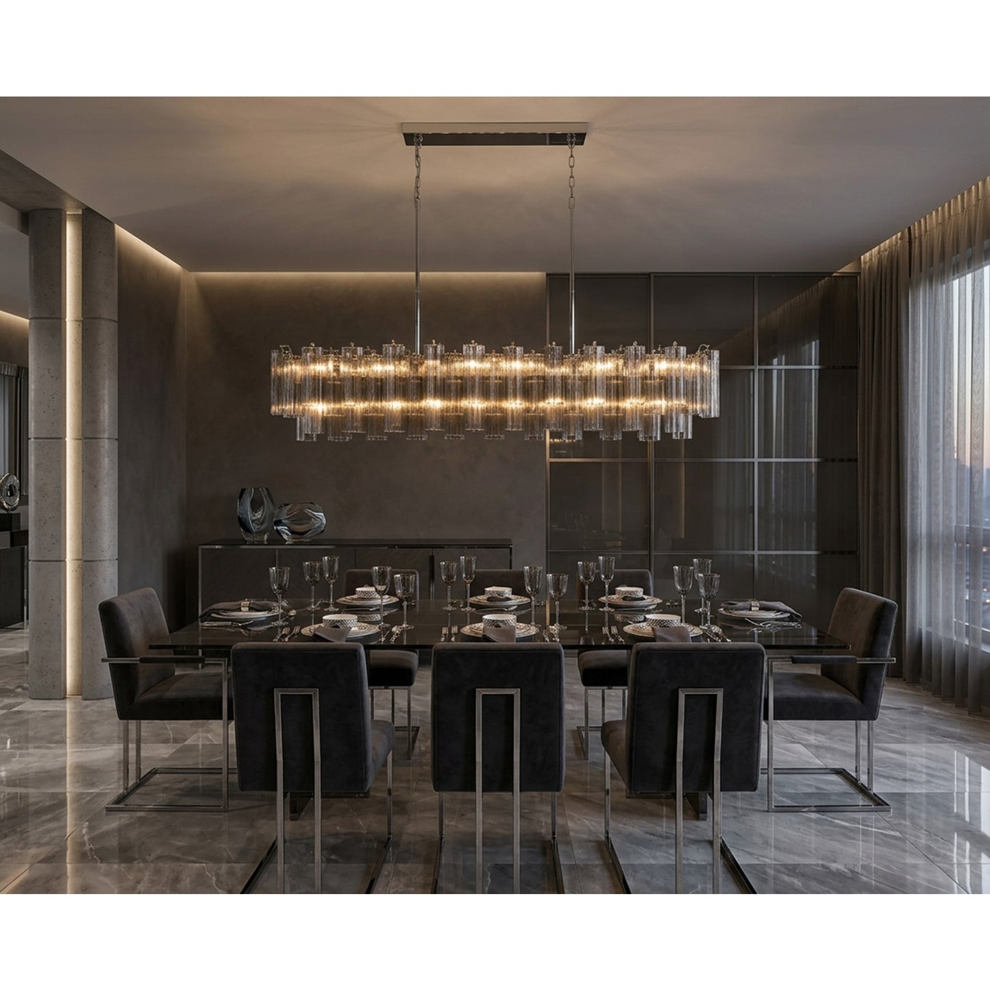 Crystorama Addis 65in 16-Light Linear Chandelier | Mid-Century Polished Chrome and Smoke Tronchi Glass | Dining Room & Kitchen Island | Model ADD-337-CH-SM