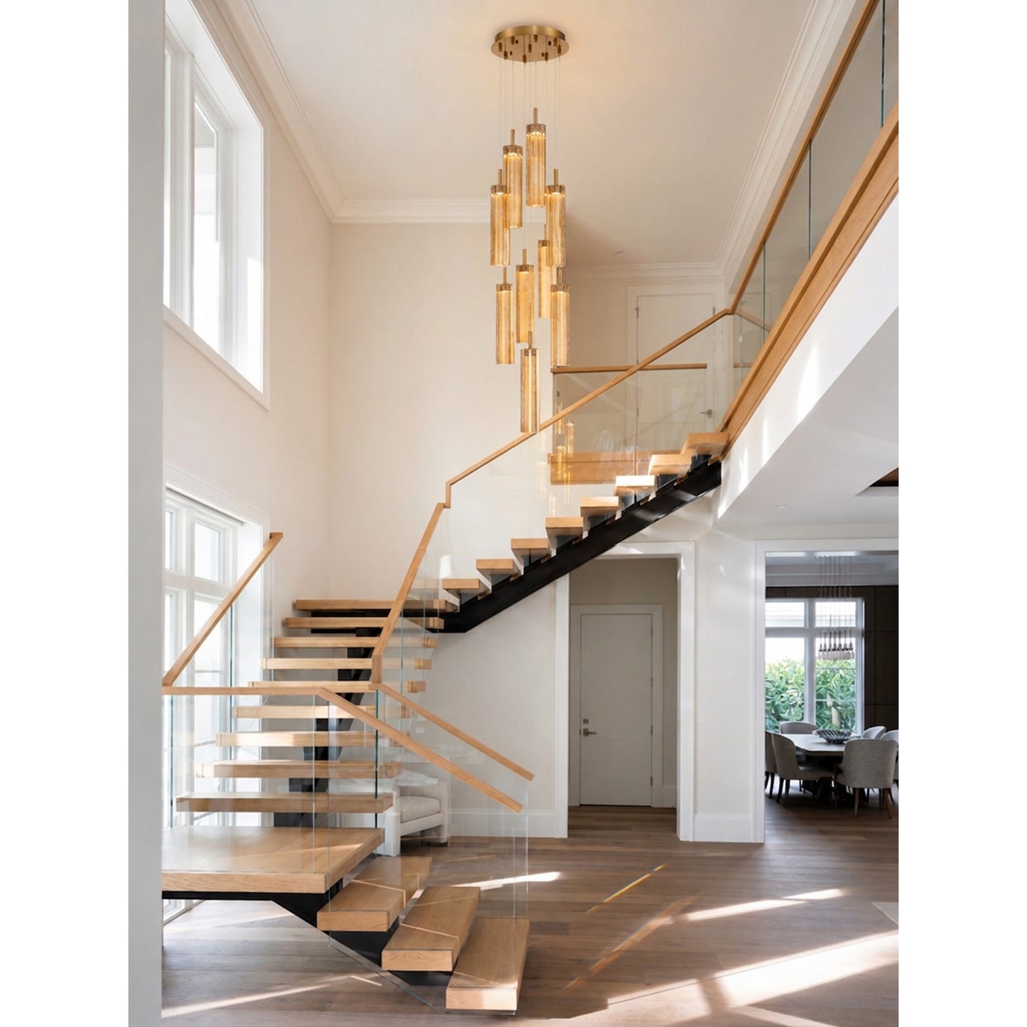 Crystorama Addis 12in 9-Light LED Pendant | Mid-Century Aged Brass and Amber Tronchi Glass | Entryway & Dining Room | 12 x 12 x 21 in | Model ADD-405-AG-AM