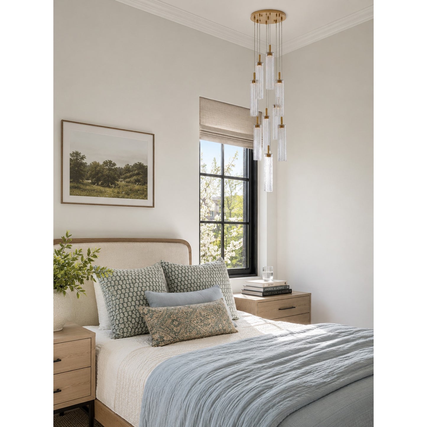 Crystorama Addis 12in 9-Light LED Pendant | Mid-Century Aged Brass and Clear Tronchi Glass | Entryway & Dining Room | 12 x 12 x 21 in | Model ADD-405-AG-CL