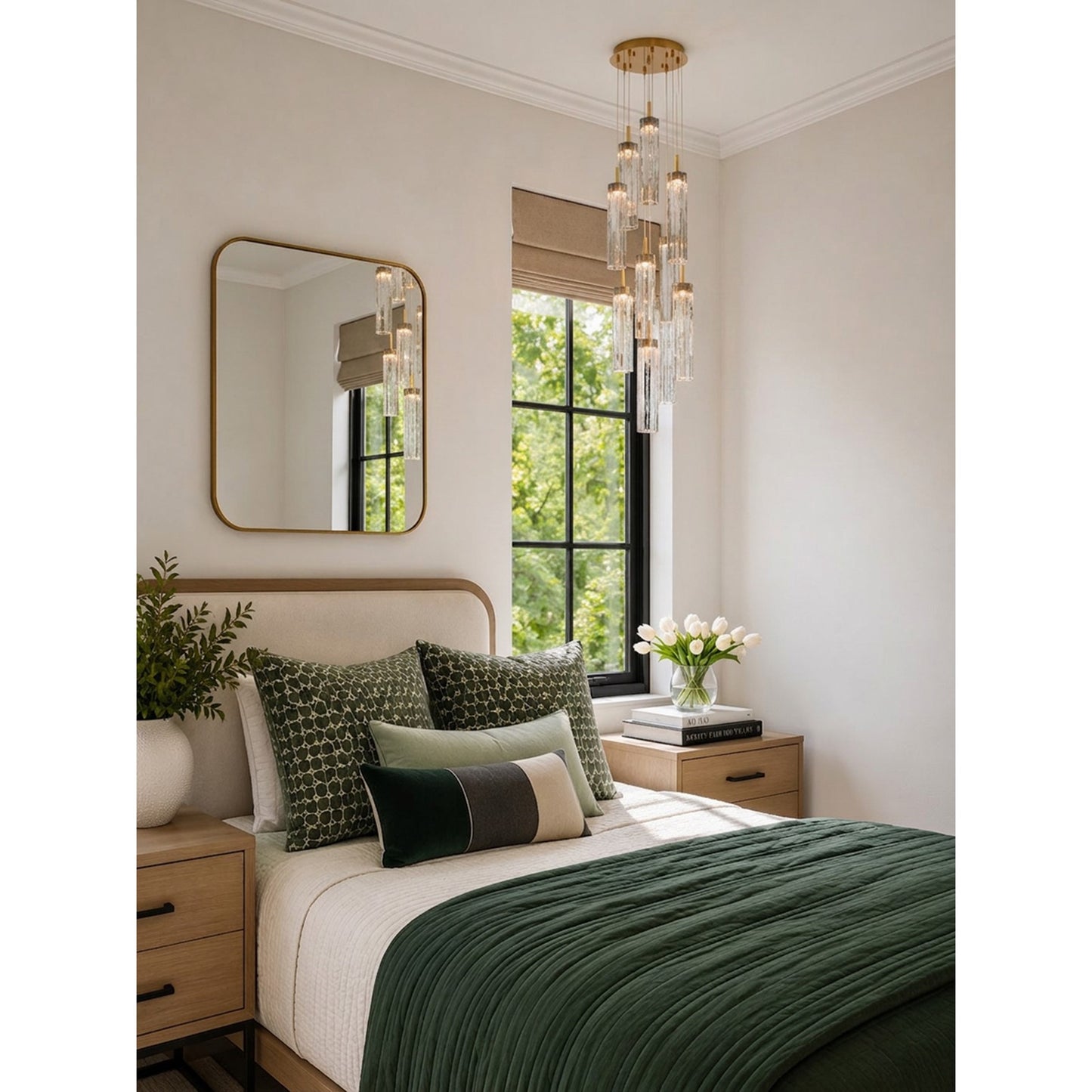 Crystorama Addis 12in 9-Light Pendant | Mid-Century Aged Brass and Smoke Tronchi Glass | Entryway & Dining Room | 12 x 12 x 21 in | Model ADD-405-AG-SM