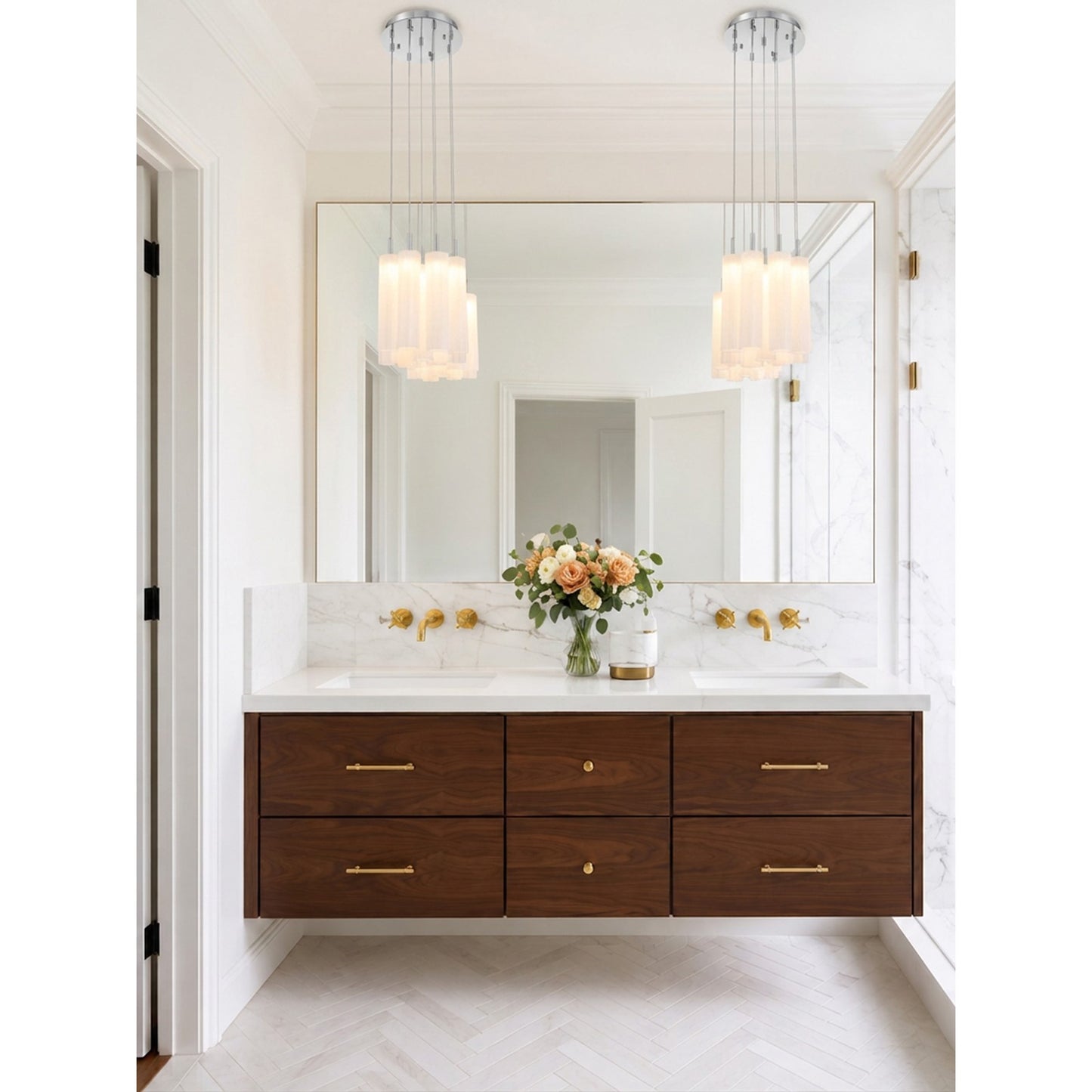 Crystorama Addis 12in 9-Light Pendant | Mid-Century Polished Chrome and White Tronchi Glass | Entryway & Dining Room | 12 x 12 x 21 in | Model ADD-405-CH-WH