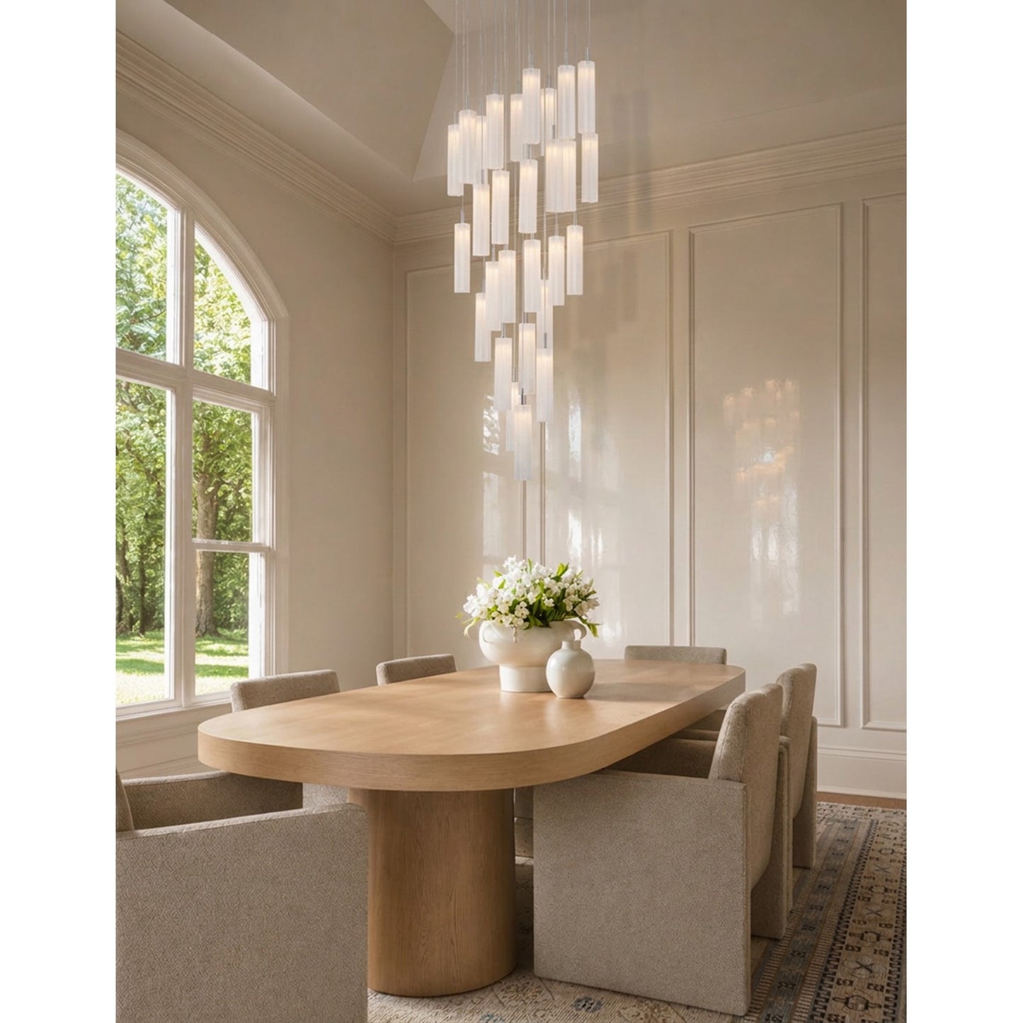 Crystorama Addis 26in 28-Light LED Pendant | Mid-Century Polished Chrome and White Tronchi Glass | Entryway & Dining Room | 26 x 26 x 21 in | Model ADD-415-CH-WH