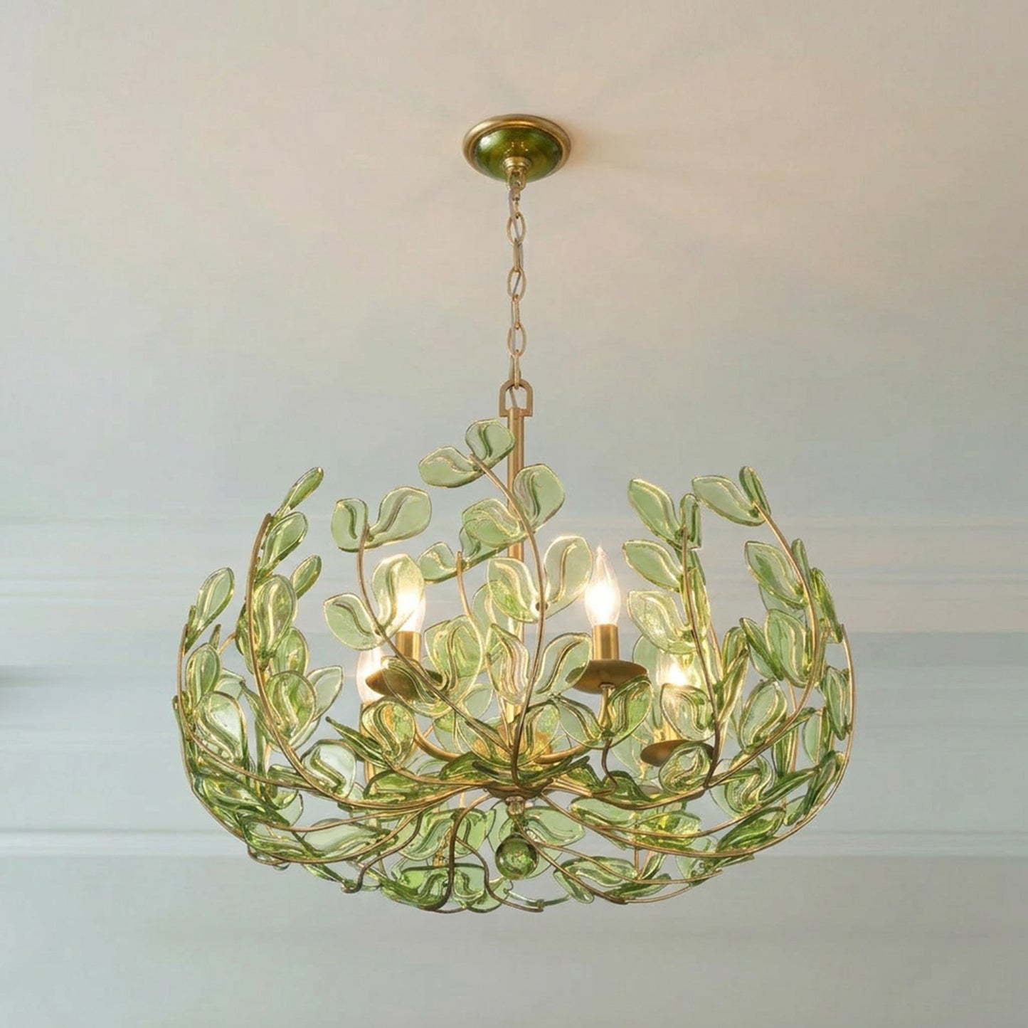 Crystorama Bridget 23.5in 5-Light Chandelier | Coastal Soft Gold Steel and Green Floral Glass | Dining Room & Entryway | 23.5 x 23.5 x 20 in | Model BGT-336-SG-GR