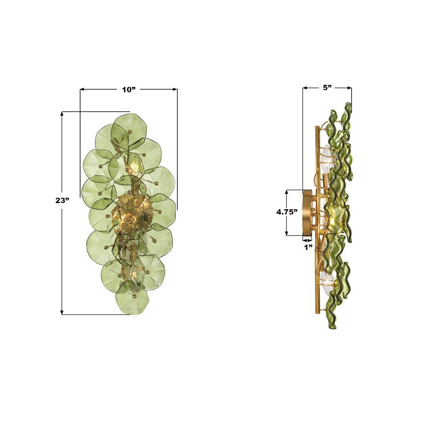 Crystorama Esme 4 Light 23" Sconce, Aged Brass/Green