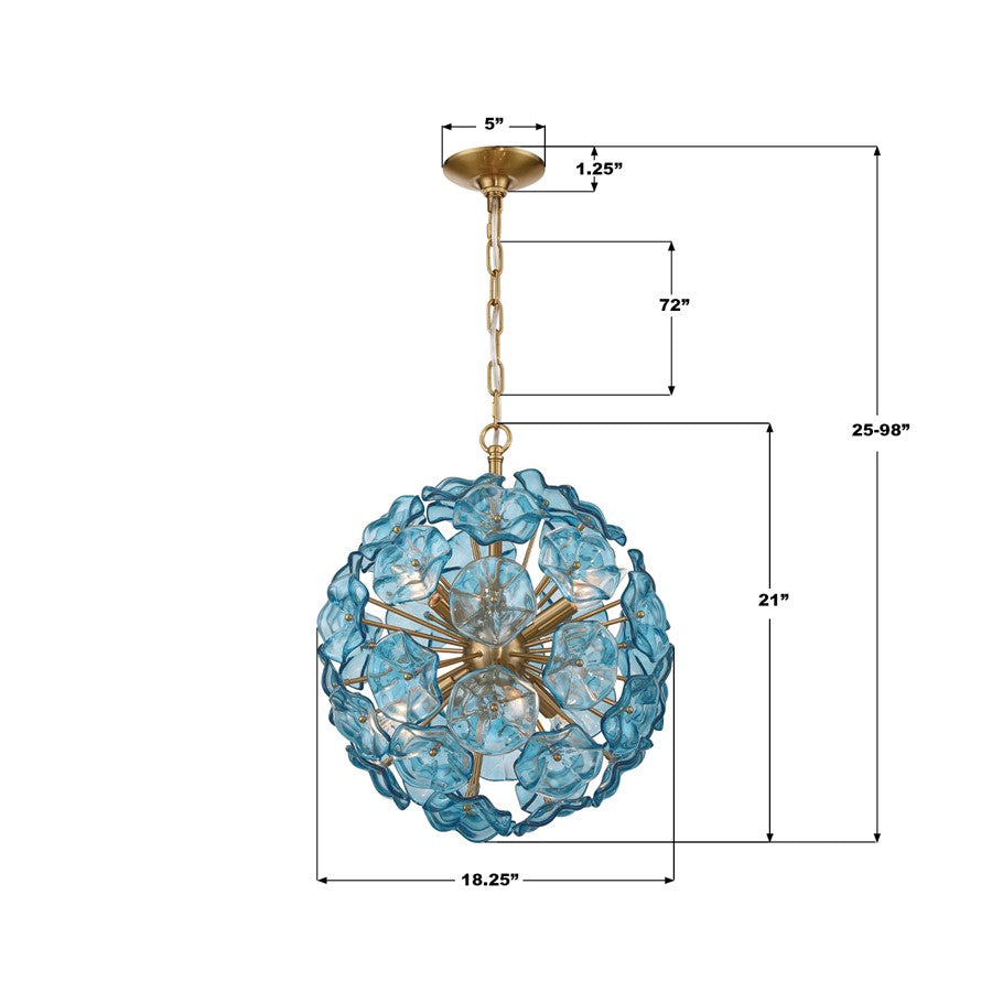 Crystorama Esme 6 Light 18.25" Chandelier, Aged Brass/Blue
