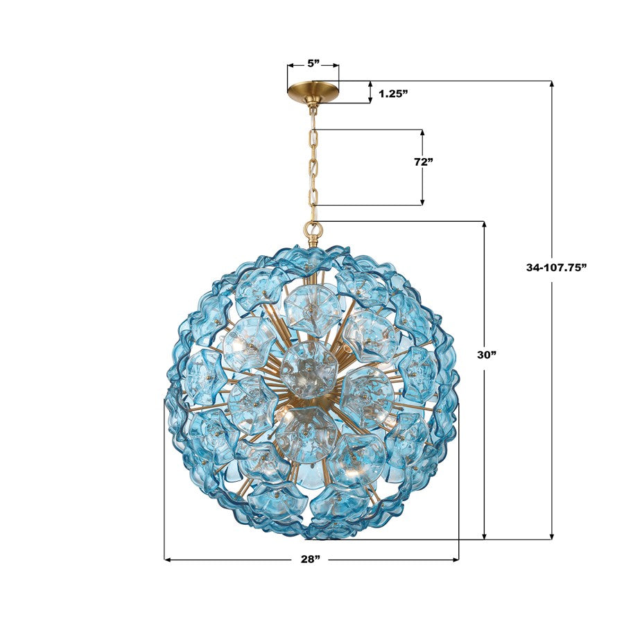 Crystorama Esme 12 Light 28" Chandelier, Aged Brass/Blue