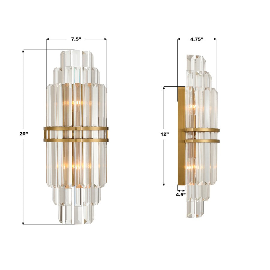 Crystorama Hayes 2 Light 7.5" Sconce, Aged Brass/Clear