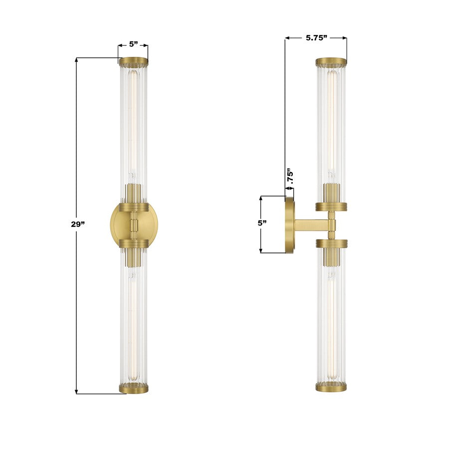 Crystorama Jarvis 2 Light 29" Sconce, Aged Brass/Clear