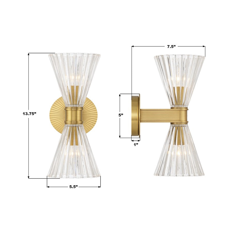 Crystorama Lotus 2 Light 5.5" Sconce, Luxe Gold/Clear