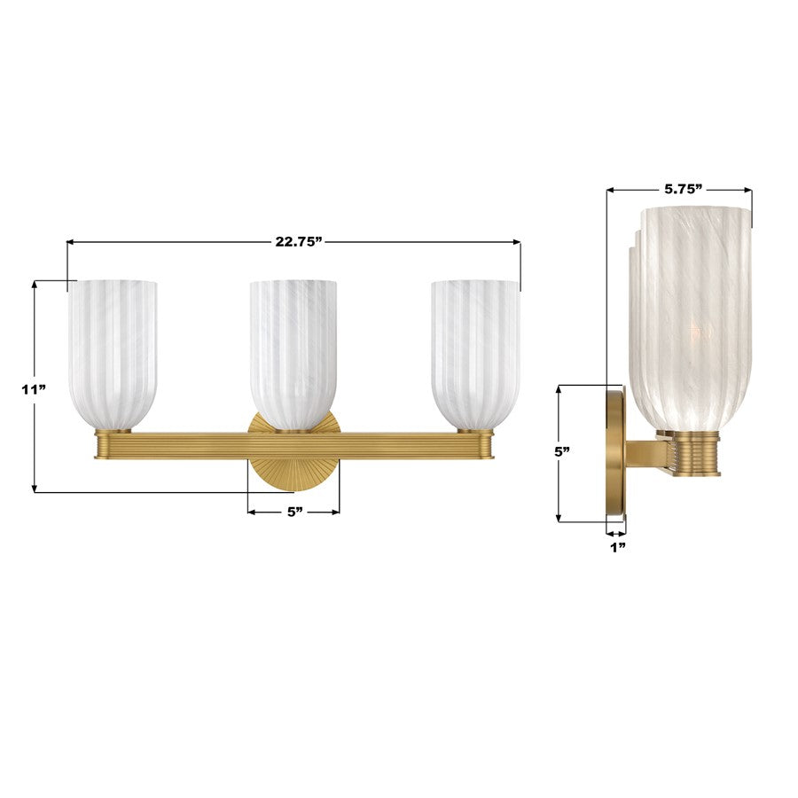 Crystorama Lotus 3 Light 22.75" Bathroom Vanity, Luxe Gold/White