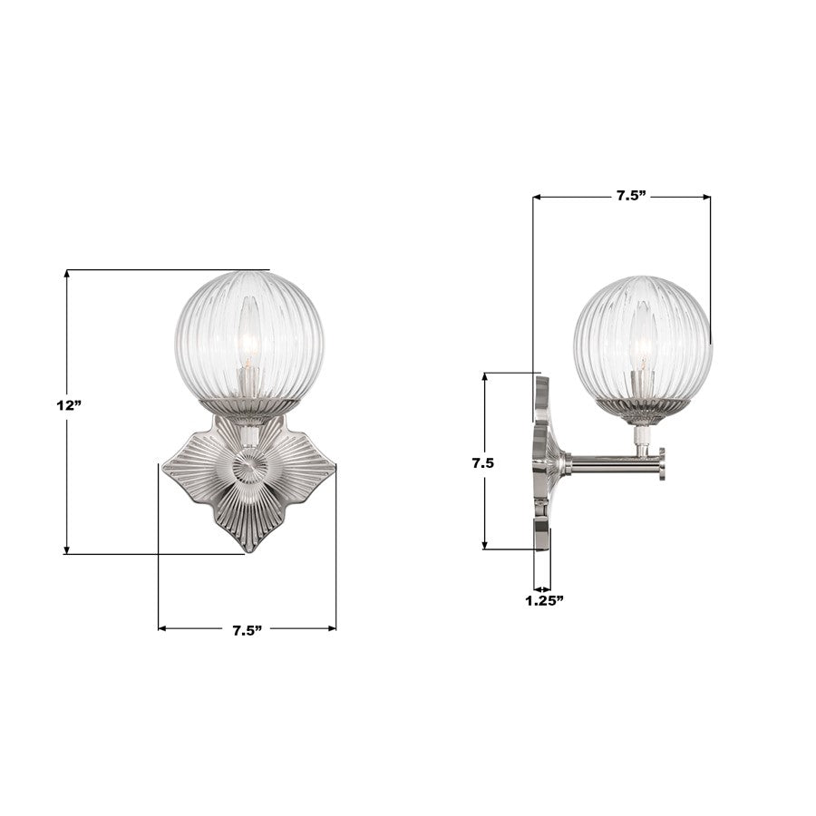 Crystorama Orly 1 Light 7.5" Sconce, Polished Nickel/Clear